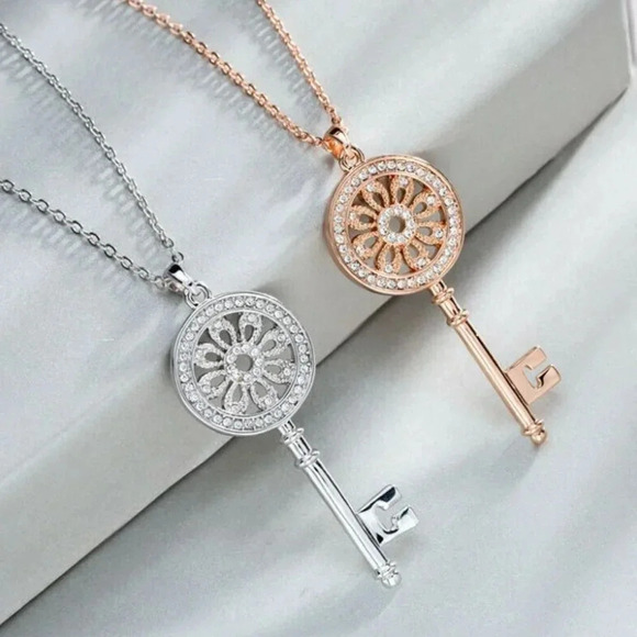 Silver Diamond Flower Key Pendant Necklace - Picture 2 of 5